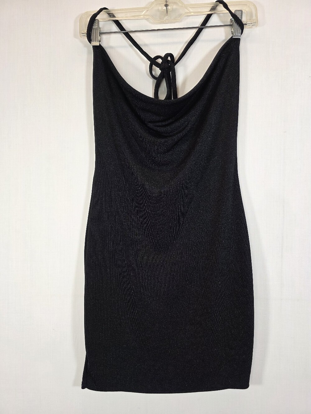 Slinky Black Shimmer Cowl Neck Halter Dress Open Back Mini Sz 6